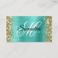 Gold Glitter Turquoise Foil Fancy Monogram Business Card