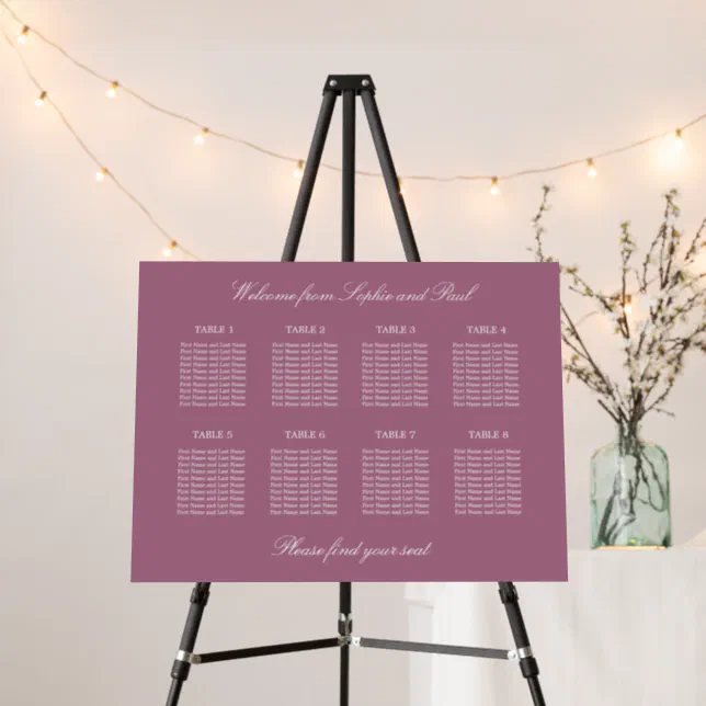 Mauve 8 Table Wedding Seating Chart Foam Board