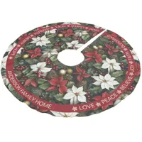 Poinsettia Red Green Pine Festive Words Christmas Brushed Polyester Tree Skirt