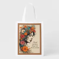 Retro - Girl with Flowers in her hair Grocery Bag