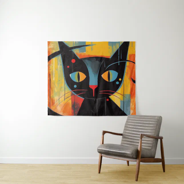 Abstract black cat painting tapestry