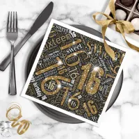 Sweet Sixteen Sparkle Word Cloud Gold Blk ID265 Paper Napkins