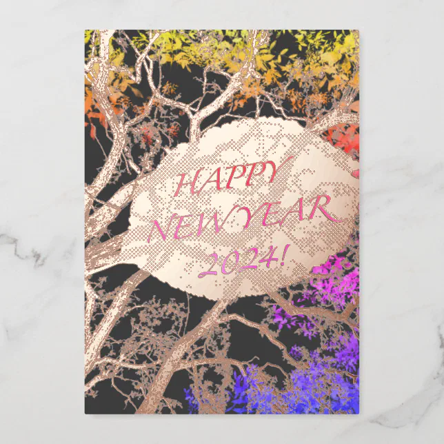 Golden Tree and leave - happy new year 2024 Foil Invitation