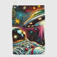 Astronaut Floating in Space with a UFO Ai Art Golf Towel
