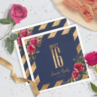 Gold Foil Stripes Floral Navy Blue ID757 Napkins