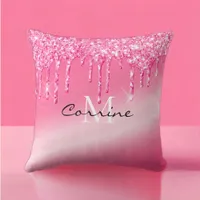 Monogram Metallic Hot Pink Neon Dripping Glitter Throw Pillow