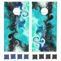 Black, blue and teal Fluid Swirls Marble Like  Cornhole Set