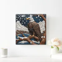 Majestic Eagle Overlooking Serene Mountains Square Wall Clock