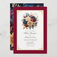 Gold, Navy Blue, and Burgundy Floral Wedding Invitation