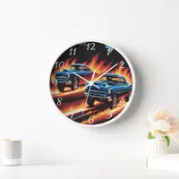 Classic hot rods racing through flames at sunset clock