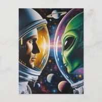 Alien and Astronaut in Space Postcard