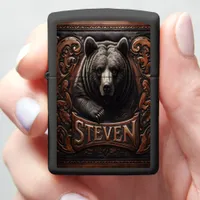 Grizzly Bear Leather Carving Steven Zippo Lighter