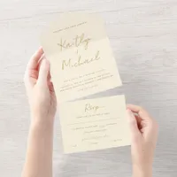 Gold Cream Wedding Modern Tear Off RSVP All In One Invitation