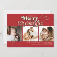 Modern Merry Christmas Fun Candy Cane 3 Photo Red Holiday Card