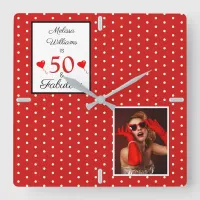 50 and Fabulous Add Photo Red 50th Birthday WH Red Square Wall Clock