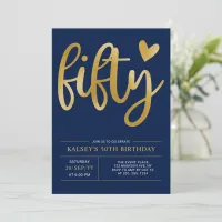 Fifty | Modern Gold & Blue 50th Birthday Party Invitation