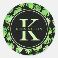 Tropical Green Watercolor Leaves Monogram Name Classic Round Sticker
