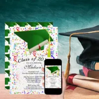 Graduation Green Grad Cap Diploma Confetti Party Invitation