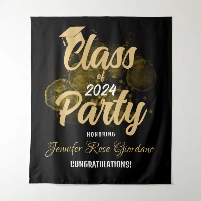 Custom Gold Black Class of 2024  Graduation Party Tapestry