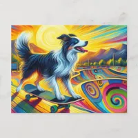 Skateboarding Colorful Surreal Border Collie Postcard