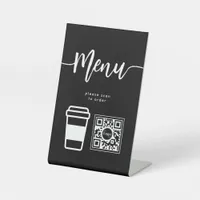 Modern Cafe Contactless Menu Script QR Code Black Pedestal Sign