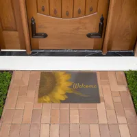 Yellow Sunflower Blossom on Blue Welcome Doormat