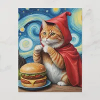 Starry Night Ginger Cat with Cheeseburger Postcard