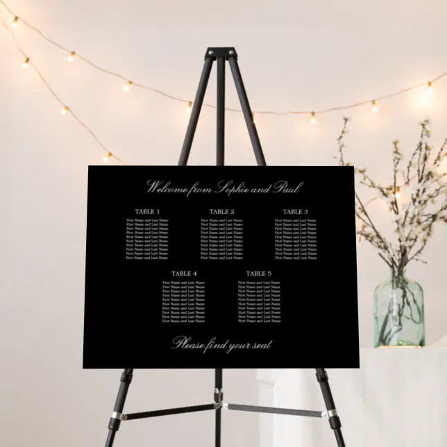 Elegant Black 5 Table Seating Chart Foam Board