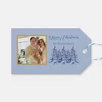 Dusty Blue Pagoda Merry Christmas Tree 1-Photo Gift Tags