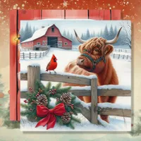 Festive Highland Cow and Cardinal Christmas Holiday Card