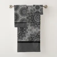 Elegant Black and White Mandala Pattern with Gray Bath Towel Set