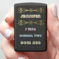 A quirky lighter with a humorous dog quote in hand