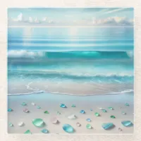 Pretty Blue Ocean Waves and Sea Glass  Glass Coaster