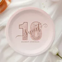 Rose Gold Glitter Script Sweet 16 Birthday Paper Plates