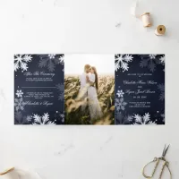 Navy Blue Snowflake Winter Wedding    Tri-Fold Program