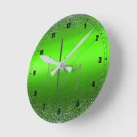 Green Brushed Metal Glitter Monogram Simple | Round Clock