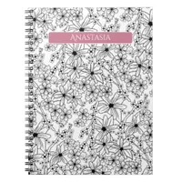 Hand Drawn Floral White Black Pattern & Pink Name Notebook