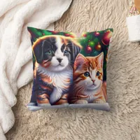 Cute puppy and cat under Christmas tree Throw Pillow