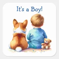 Baby Boy and his Corgi Puppy Baby Shower Square Sticker