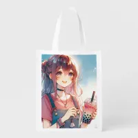 Cute Anime Girl Holding a Boba Tea Grocery Bag