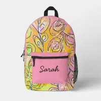 Abstract leaves pink gold green and custom name printed backpack
