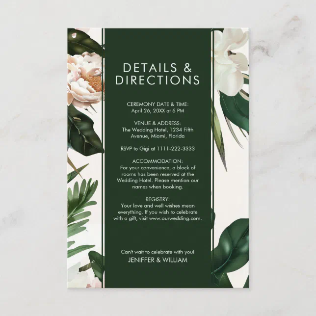 Peach White Peonies & Green Leaves Floral Wedding Enclosure Card