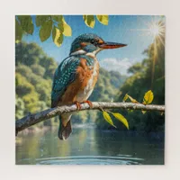 Majestic Kingfisher, Wild Bird by River in Nature Jigsaw Puzzle