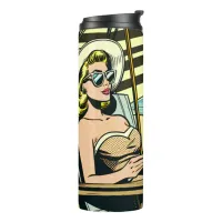 Retro Pop Art Lady on the Beach Thermal Tumbler