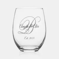 Black and Gray Fancy Script Monogrammed Stemless Wine Glass