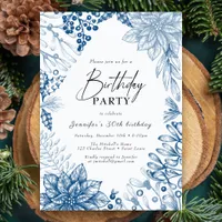 Blue Elegant Winter Christmas Birthday Party Invitation