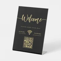 Elegant Black and Gold Welcome Script WIFI QR Code Pedestal Sign