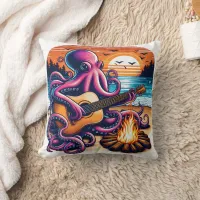 Octopus Playing Guitar by Campfire at Sunset Throw Pillow