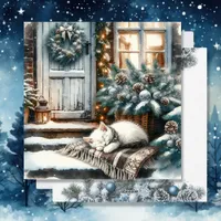 Kitten Asleep on Festive Front Porch Christmas Holiday Card