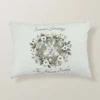 Cute Rabbits in a Floral Winter Wreath Accent Pillow